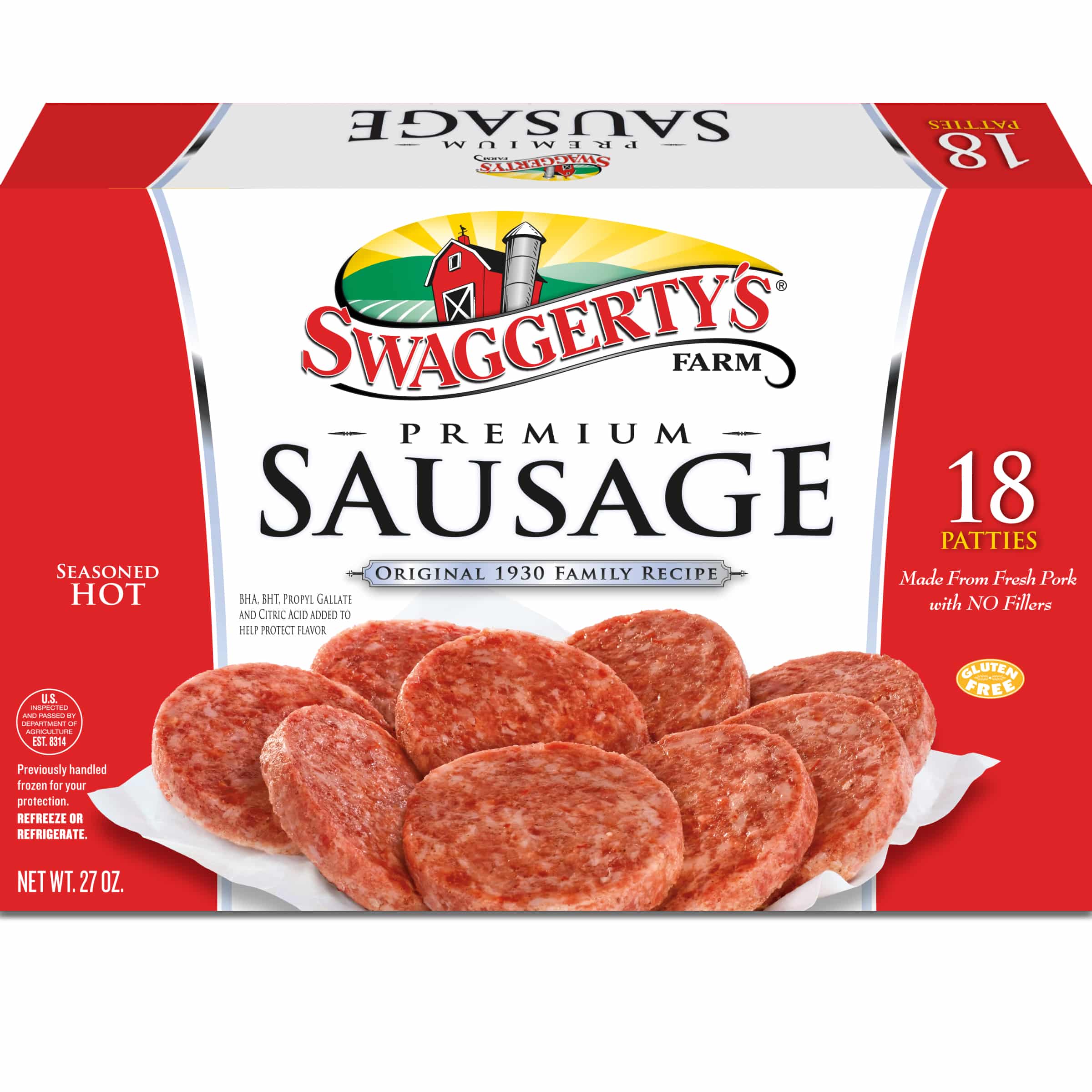 Box of hot 18ct Swaggerty's Farm Sausage Patties